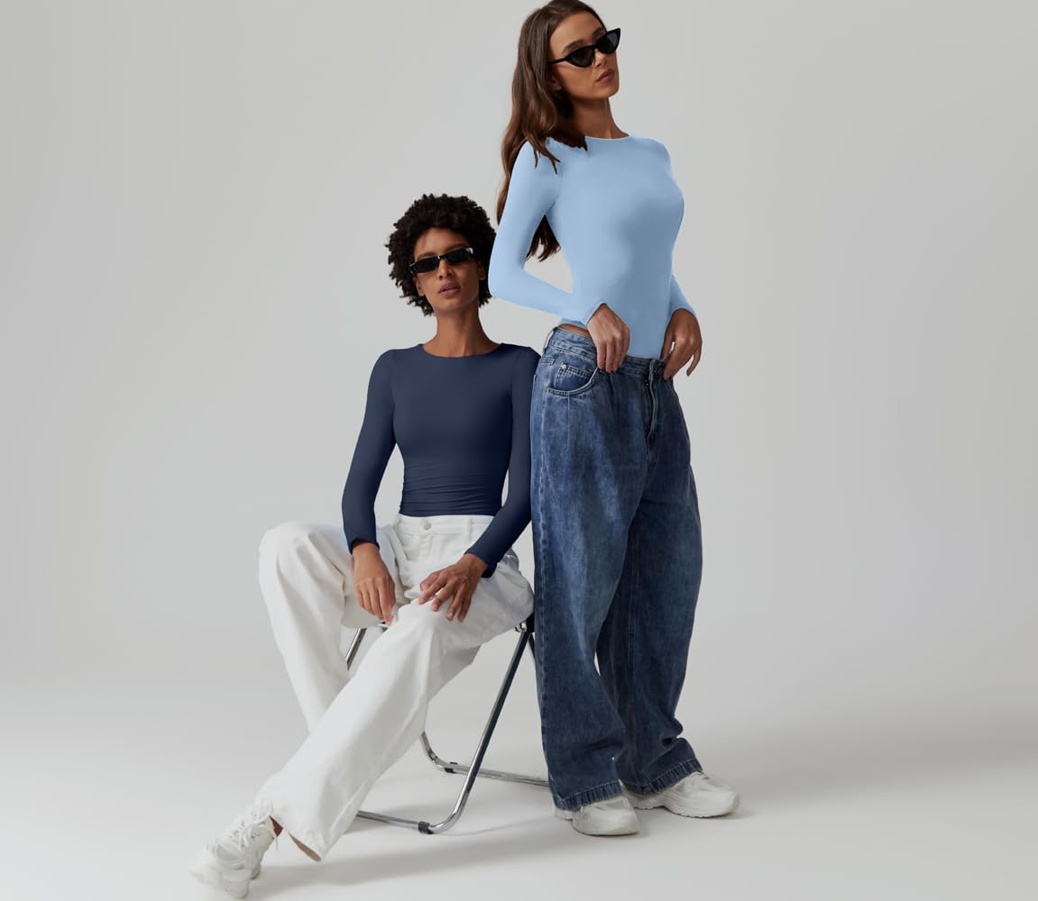 QINSEN Womens Crew Neck Long Sleeve Bodysuit Double Lined Body Suits Basic T-Shirt Tops