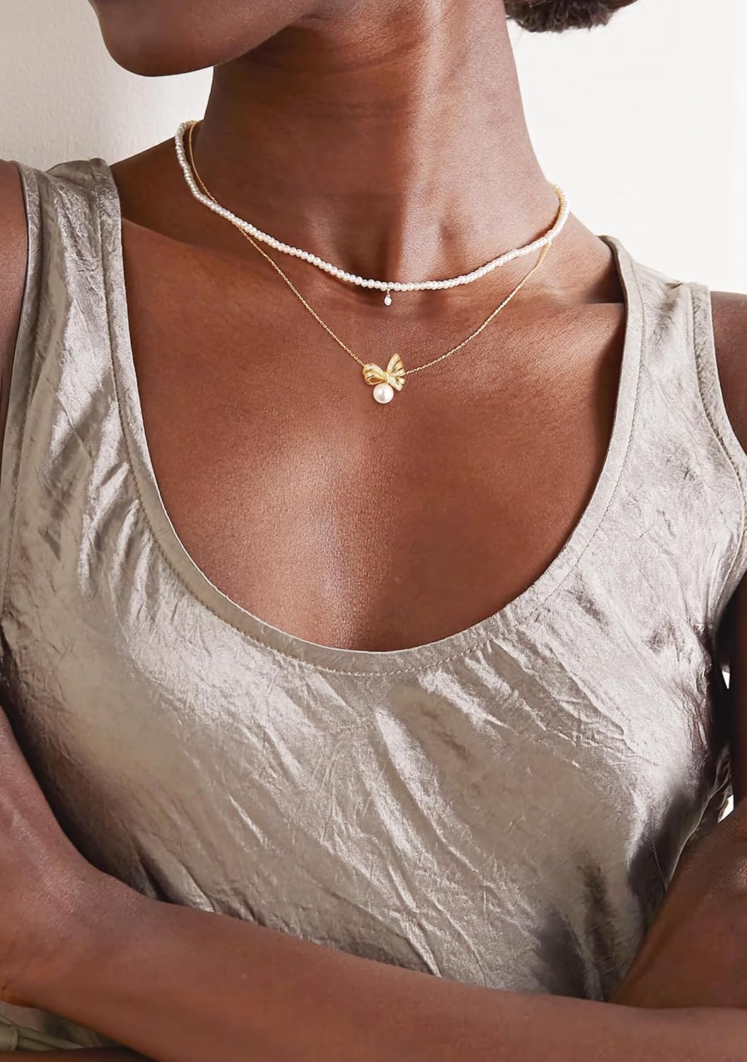 Single Pearl Gold Necklaces for Women Trendy: 14k Gold Plated Thin Chain Sparkly CZ/Dainty Pearl Pendant Stacked Adjustable Necklace Simple Cute Non Tarnish Waterproof Wedding Gold Jewelry