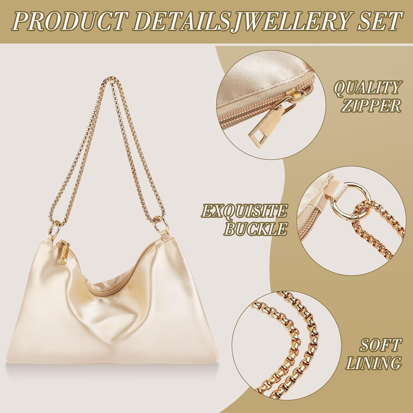 4 Pcs Satin Purse Jewelry Sets Woman Evening Handbag Wedding Shoulder Bag Purse for Prom Formal Cocktail Wedding Bride