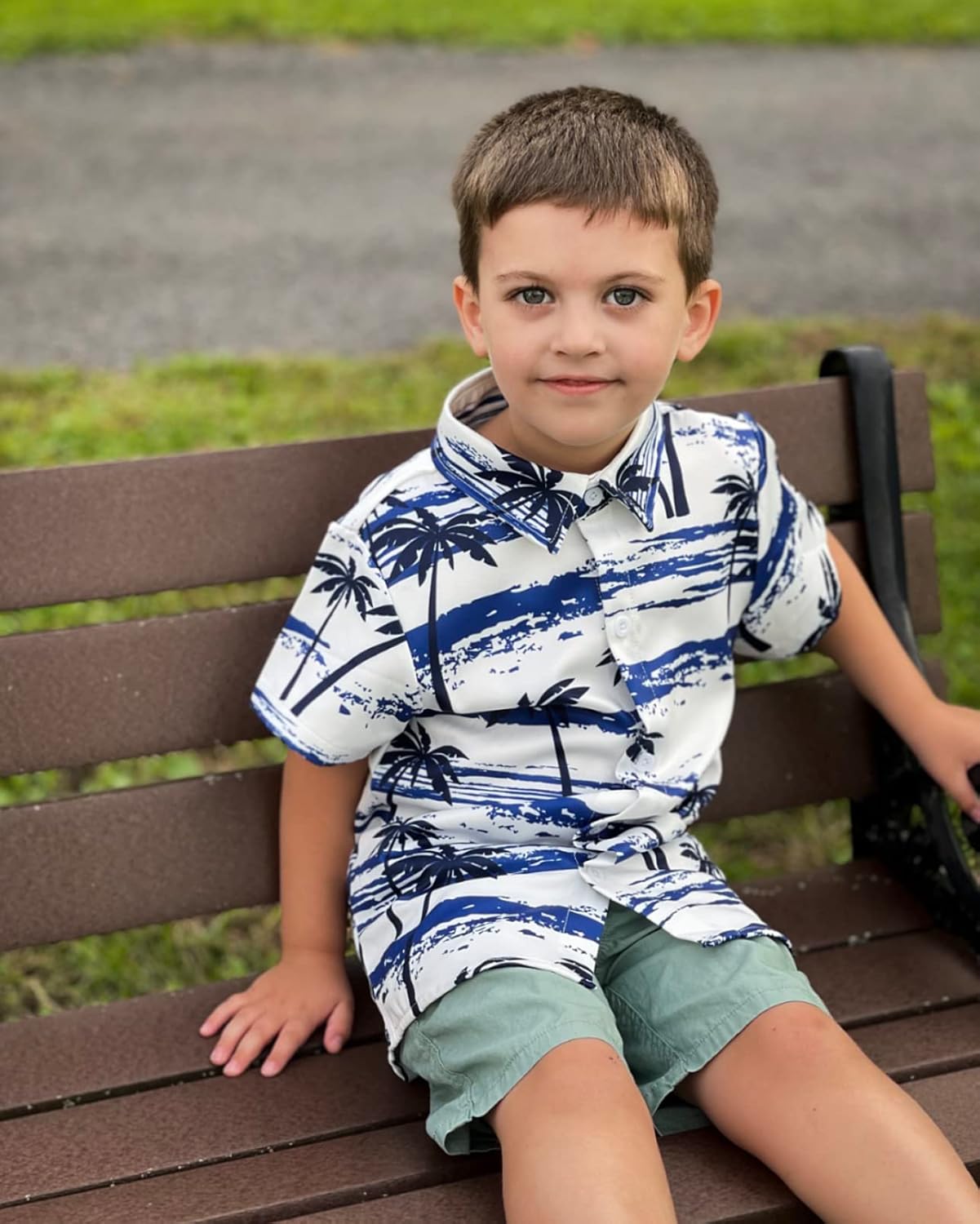 Big Boys Coconut Tree Shirt Fun Dark Blue Stripe Buttons Short Sleeves Hawaiian Shirts Teens Summer Tropical Holiday Polo Tees Childrens Retro Comfy Beach Cool Dress Shirts for Party, Size 13-14