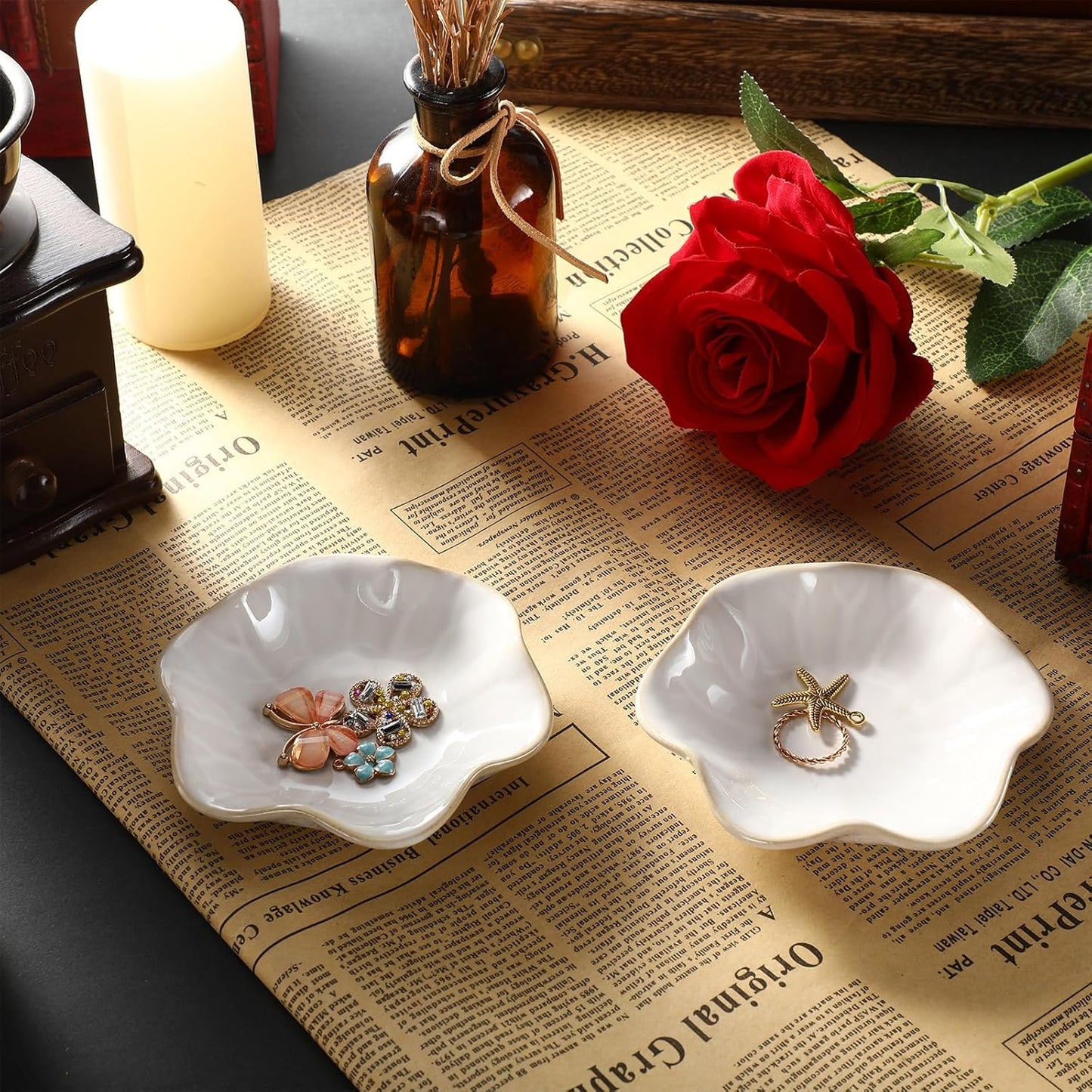 8 Pcs Ceramic Trinket Dish Lotus Leaf Jewelry Tray Small Ring Dish for Earrings, Rings, Jewelry Holder, Key Bowl(White)