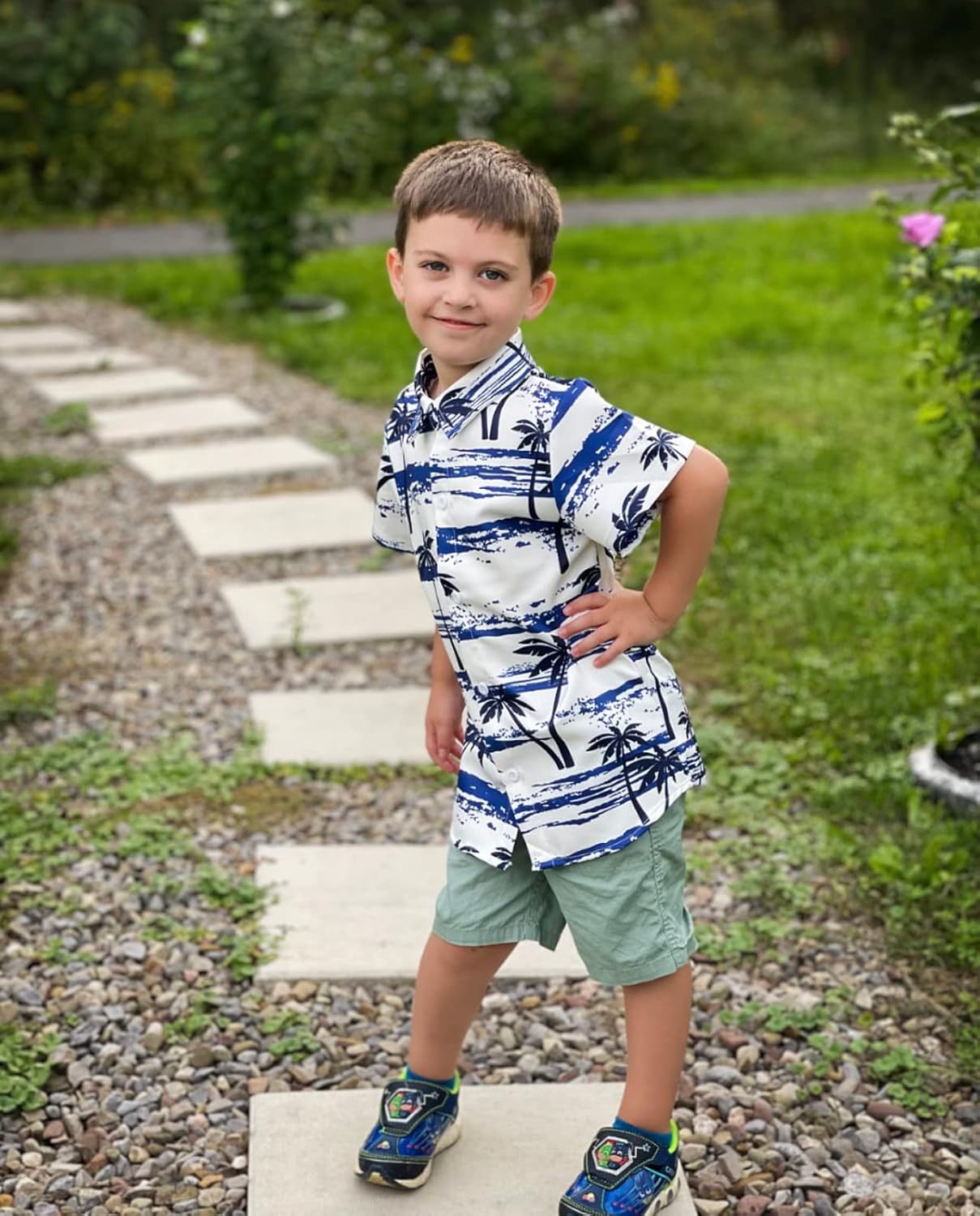 Big Boys Coconut Tree Shirt Fun Dark Blue Stripe Buttons Short Sleeves Hawaiian Shirts Teens Summer Tropical Holiday Polo Tees Childrens Retro Comfy Beach Cool Dress Shirts for Party, Size 13-14