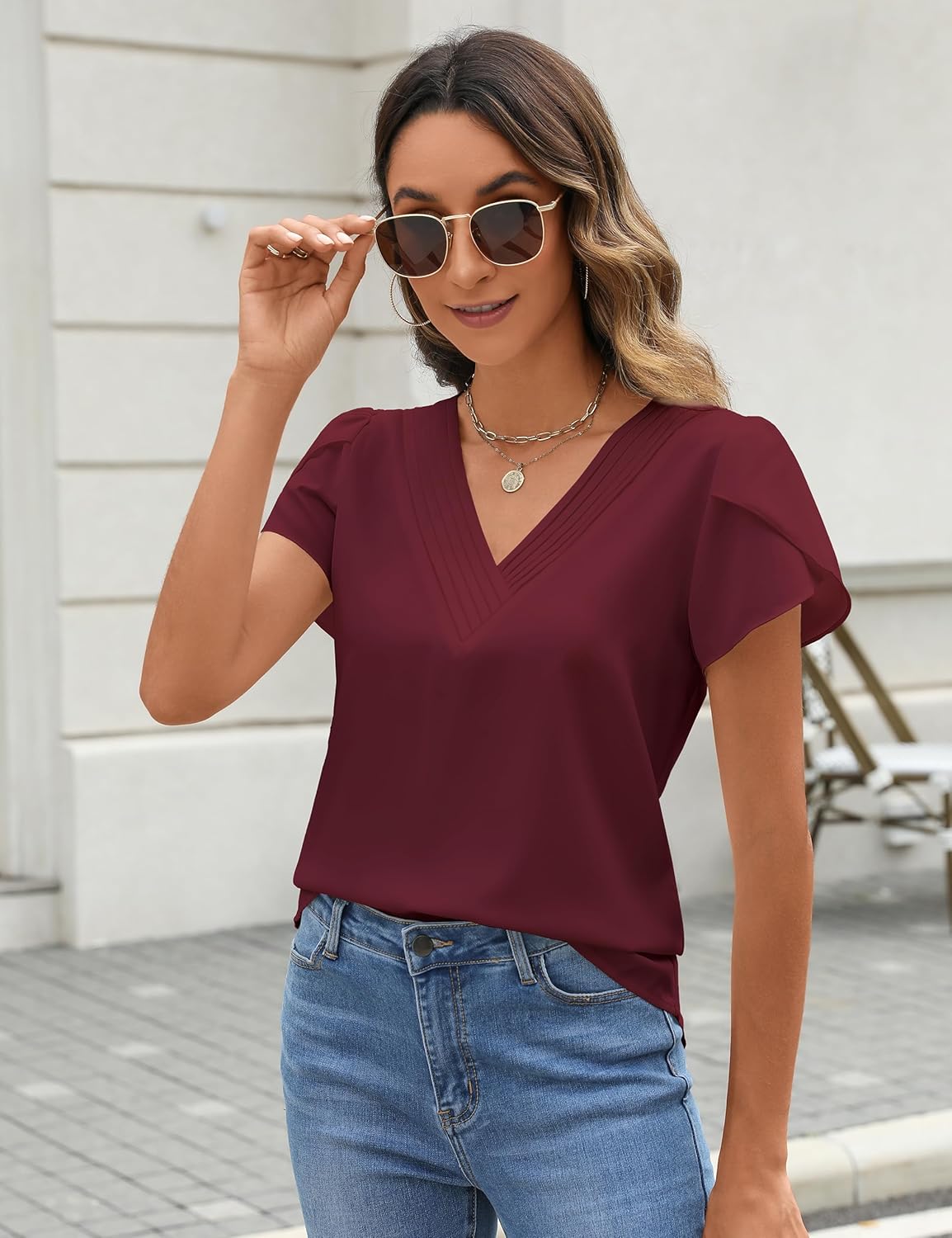 Fayenne Womens Tops Dressy Casual V Neck Ruffle Short Sleeve Blouse Business Casual Tops Chiffon Flowy Shirt Cute Summer Tops