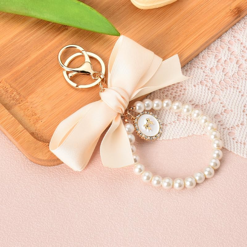 Pearl Bow Keychain Wistlet for Girls Women Bow Pearl Keychains Pink Black Beige