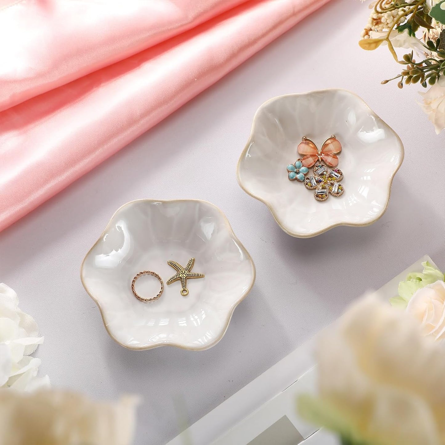8 Pcs Ceramic Trinket Dish Lotus Leaf Jewelry Tray Small Ring Dish for Earrings, Rings, Jewelry Holder, Key Bowl(White)
