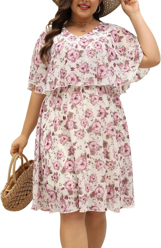 Keluummi Plus Size Summer Wedding Guest Dress for Curvy Women, Casual Boho Floral Empire Waist Midi Flowy Dress with Sleeve