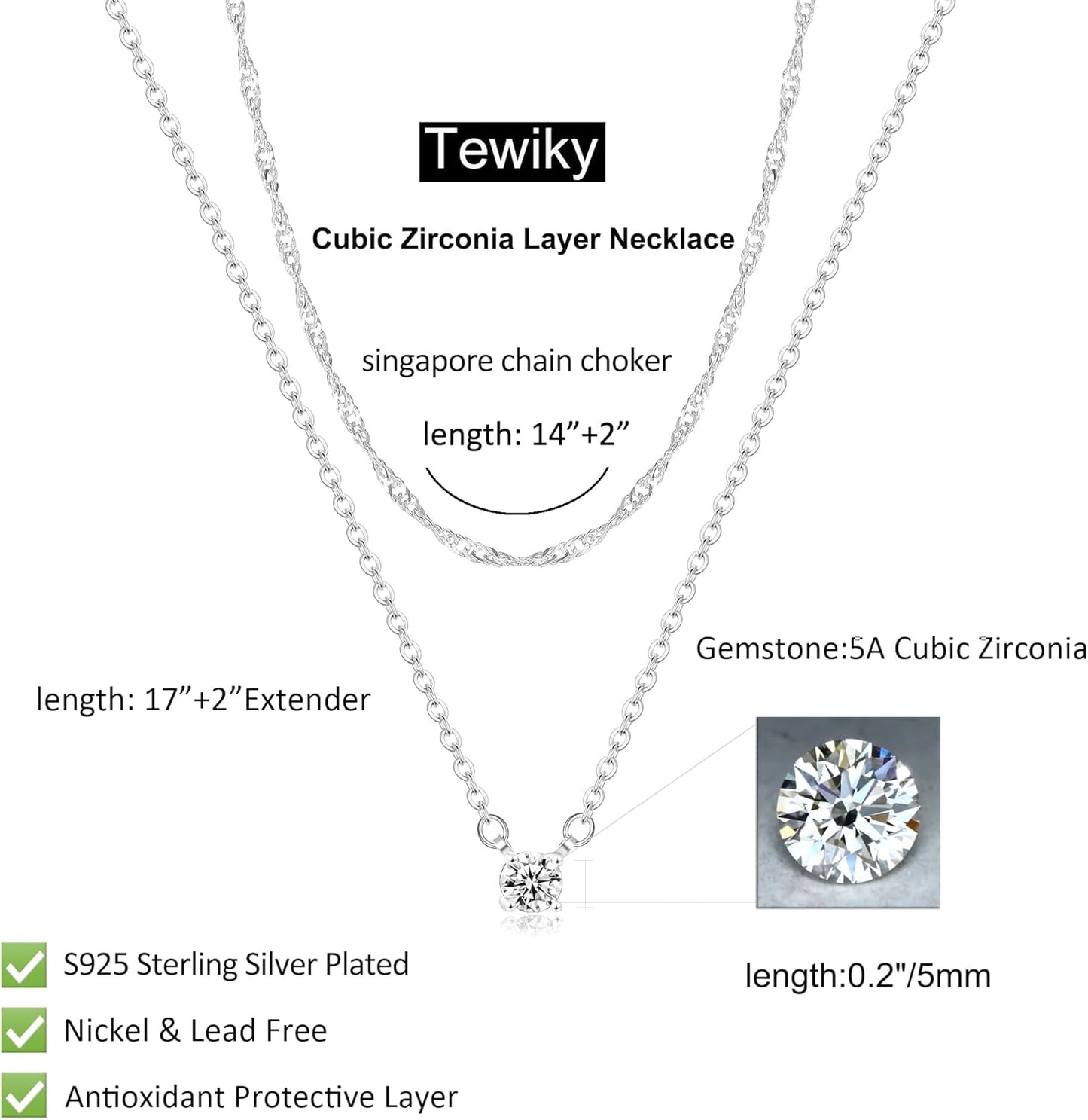 Tewiky Diamond Necklaces for Women, Dainty S925 Sterling Silver/ 14K Gold Choker Necklace Simple Silver CZ Jewelry Necklaces for Women Trendy Gifts