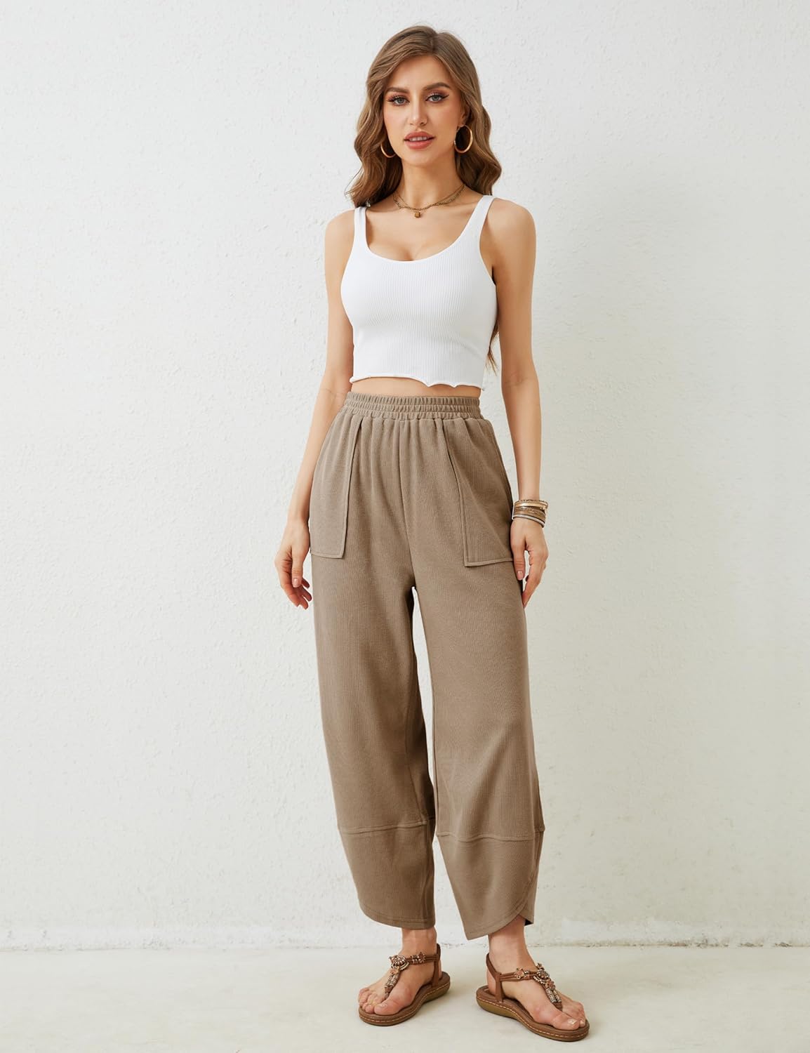 Xiaoxuemeng Womens Baggy Wide Leg Pants Casual Elastic Waisted Palazzo Harem Pants with Pockets