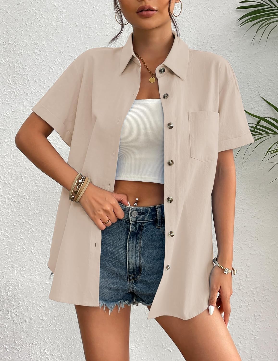 Zeagoo Womens Button Down Linen Shirt Short Sleeve Cotton Blouse Summer Casual Loose Fit Beach Tops S-2XL