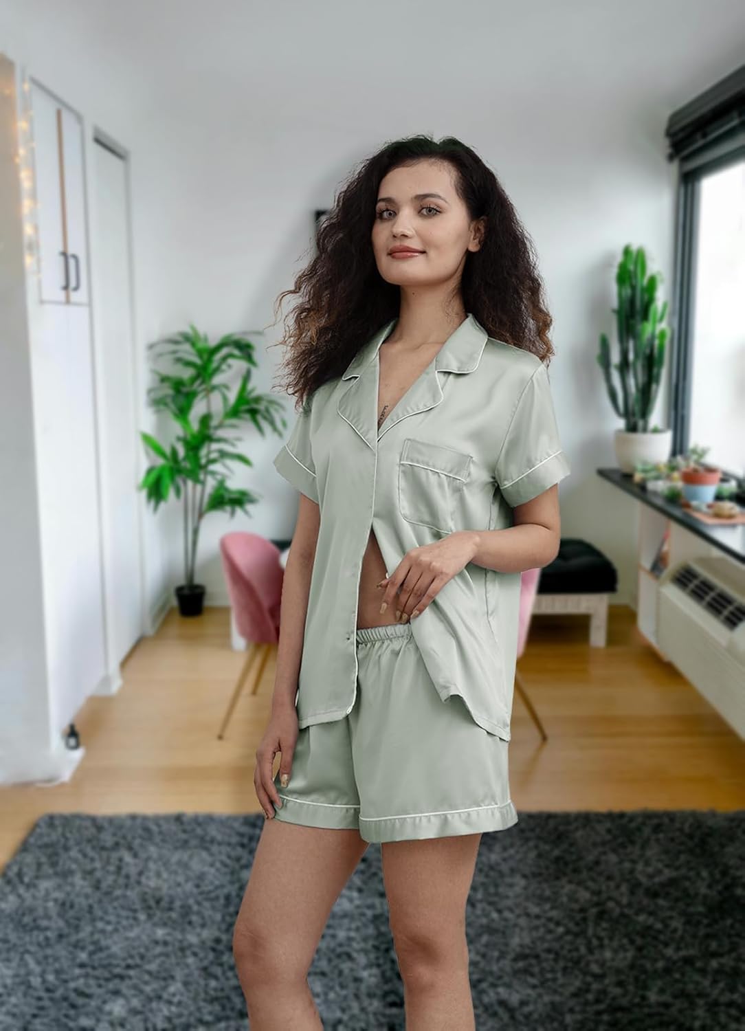 Womens Silk Satin Pajamas Loungewear Two-Piece Sleepwear Button-Down Floral Pj Set XS-4XL