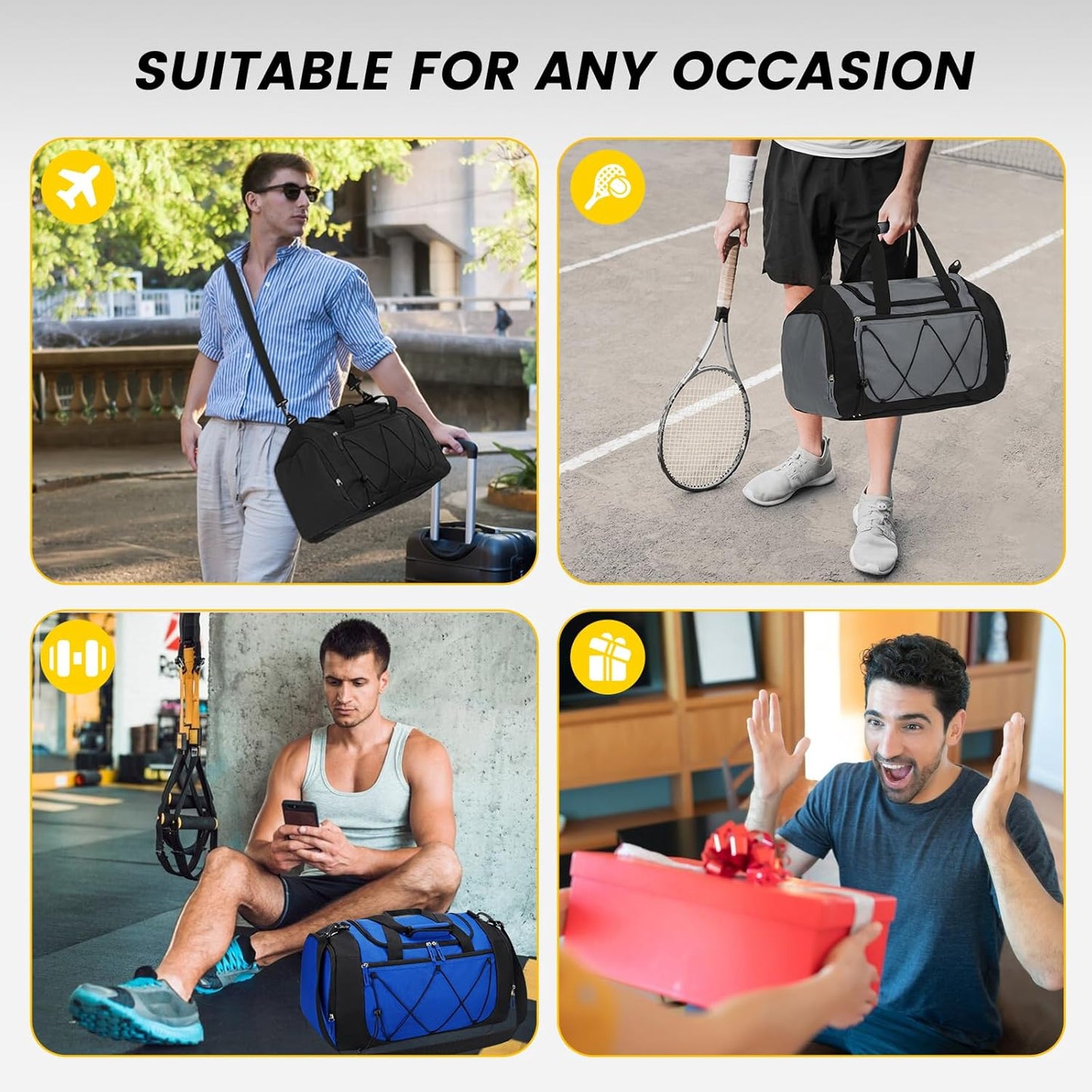 Vorspack Gym Bag for Men - 21 Inches Duffle Bag for Travel Lightweight Duffel Bag with Shoe Compartment Personal Item Travel Bag Weekender Bag for Travel Sports Gym - Black