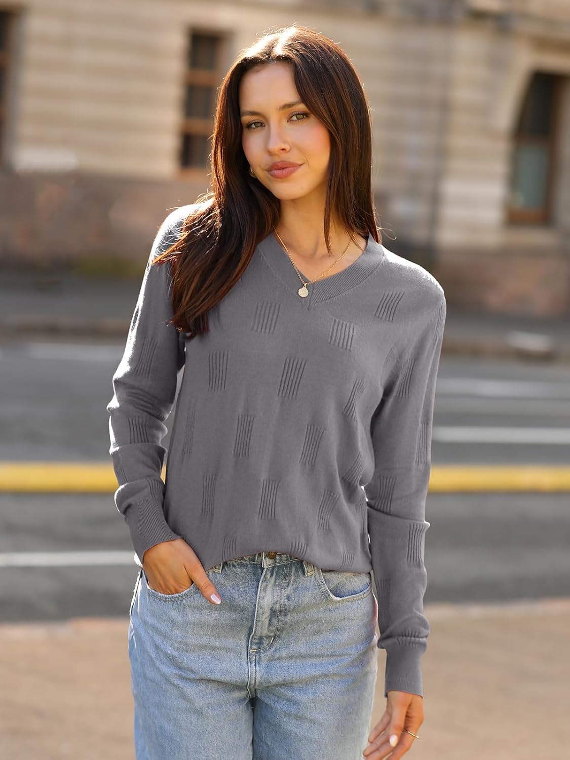 siliteelon Womens Sweater Long Sleeve Shirt V Neck Knit Sweater Work Casual Blouses Tops Lightweight Sweater Shirts