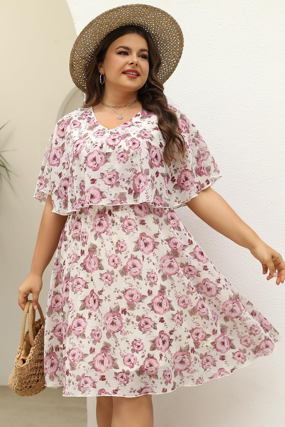 Keluummi Plus Size Summer Wedding Guest Dress for Curvy Women, Casual Boho Floral Empire Waist Midi Flowy Dress with Sleeve