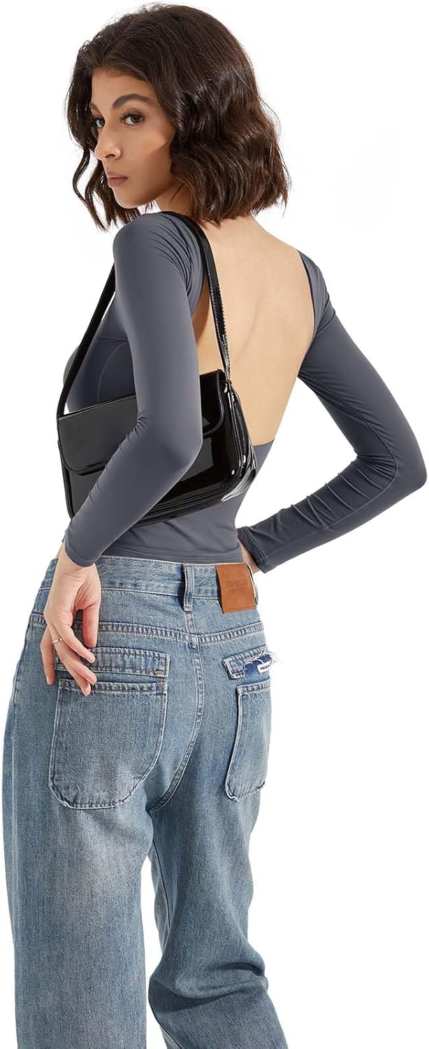 SUUKSESS Women Backless Going Out Tops Double Lined Open Back Basic Long Sleeve