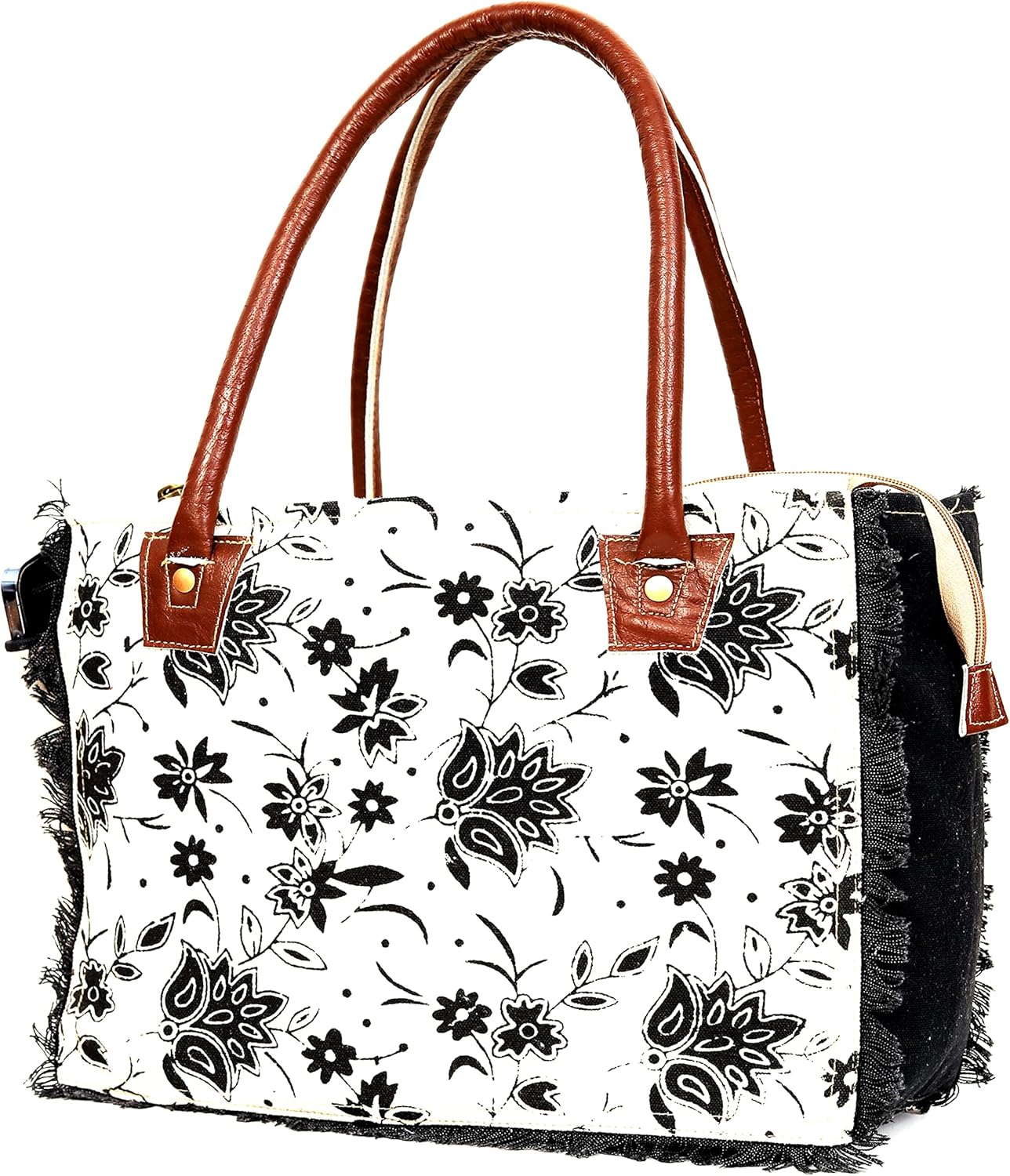 13 Inch Upcycled Canvas & Genuine Leather Hobo Tote Bag – Zipper Closure, Cotton Lining, Eco-Friendly Boho Shoulder Handbag