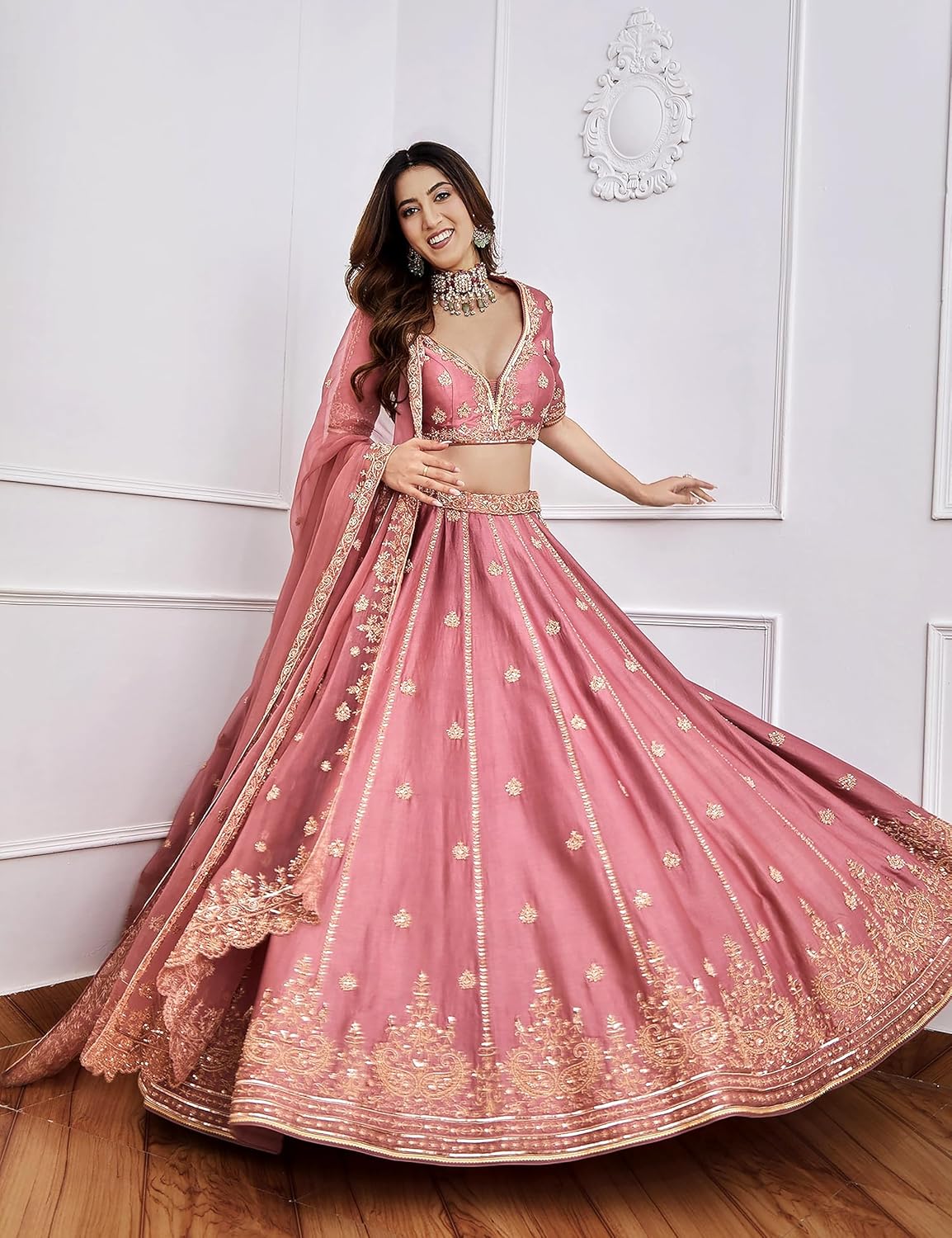 TRENDMALLS Satin Embroidery Sequence Work Lehenga Choli Unstitch Blouse with Dupatta For Women (L257-DarkPeach-FreeSize)