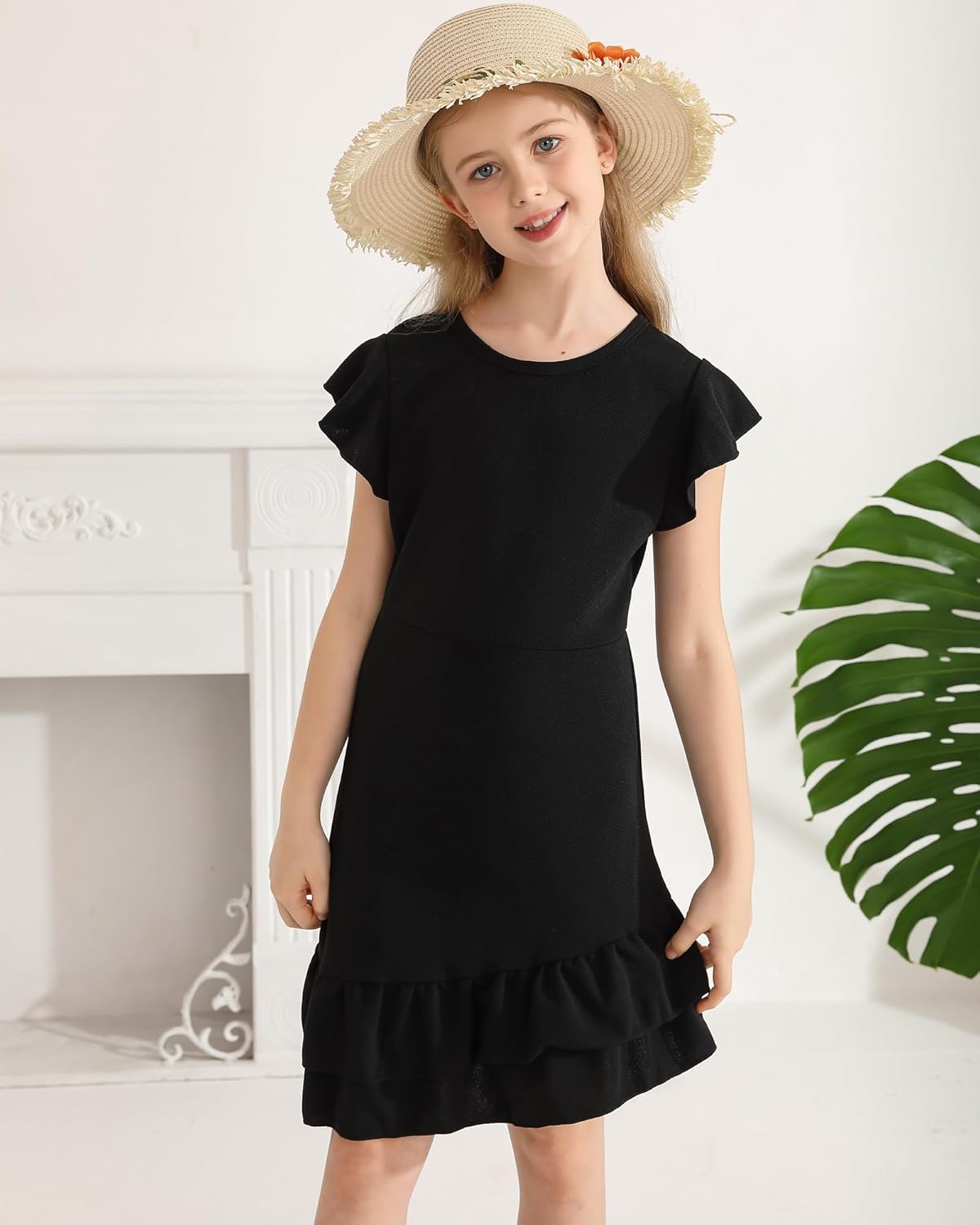 Girls Spring Summer Dresses Cap Sleeve Midi Kids Prom Dress Tween Girl Semi Formal Party Black Dress Size 9-10