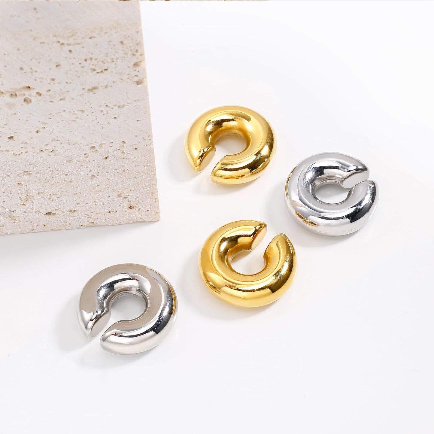 Chunky Gold Ear Cuffs Earrings for Women Non Piercing Gold Plated Stainless Steel Cuff Clip On Cartilage Hoop Lightweight Earrings Non-tarnish 1 Pairs