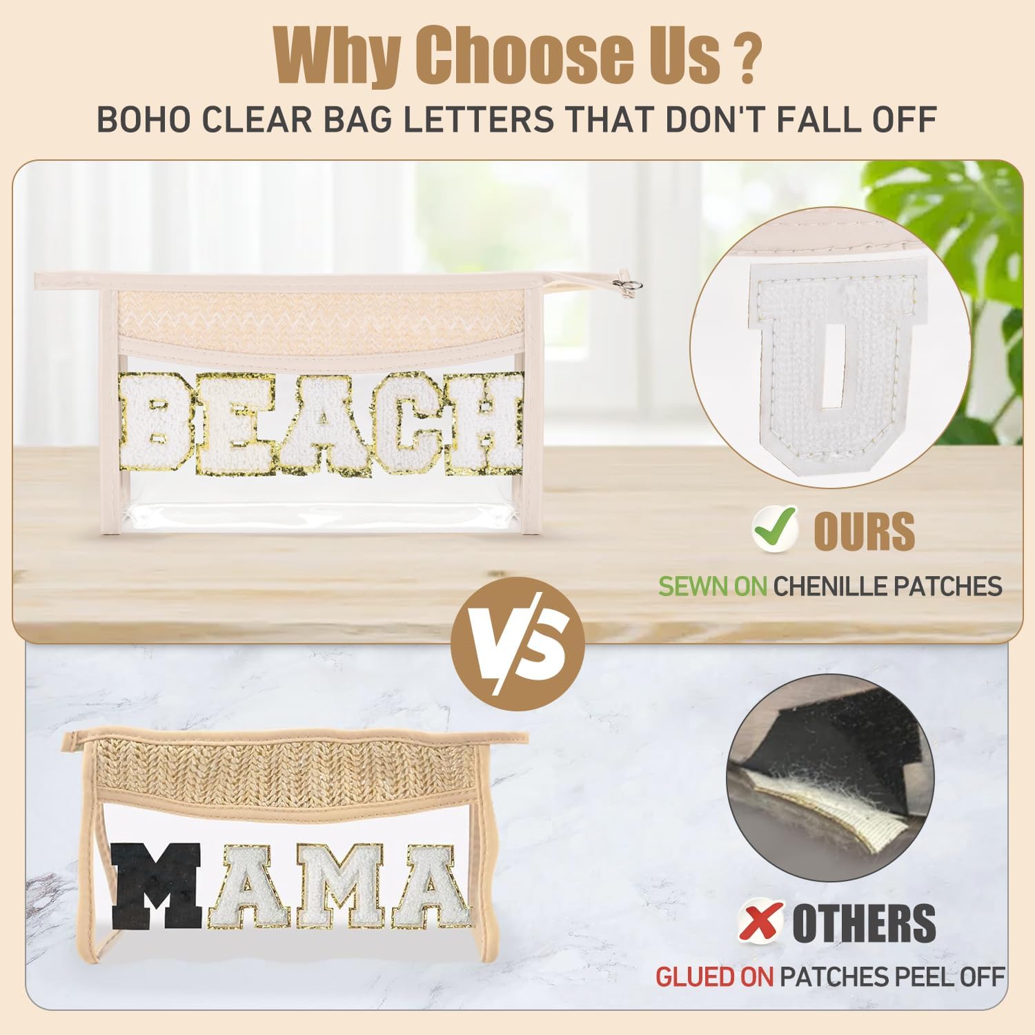 Etercycle Boho Patch BEACH Makeup Bag, Clear PVC Travel Toiletry Bag Waterproof Beach Bags for Women, Small Chenille Letter Bag With Zipper for Beach Travel Essentials