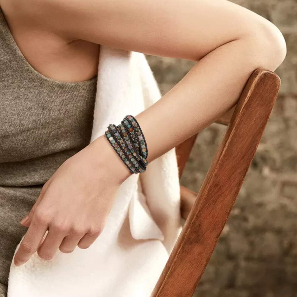 Layered Leather Bracelet, Rivet Leopard Print Bohemian Style Multilayer Wrap Bracelet, Handmade Agate Amethyst Chakra Crystal Glass Beaded Shell Bracelet for Women