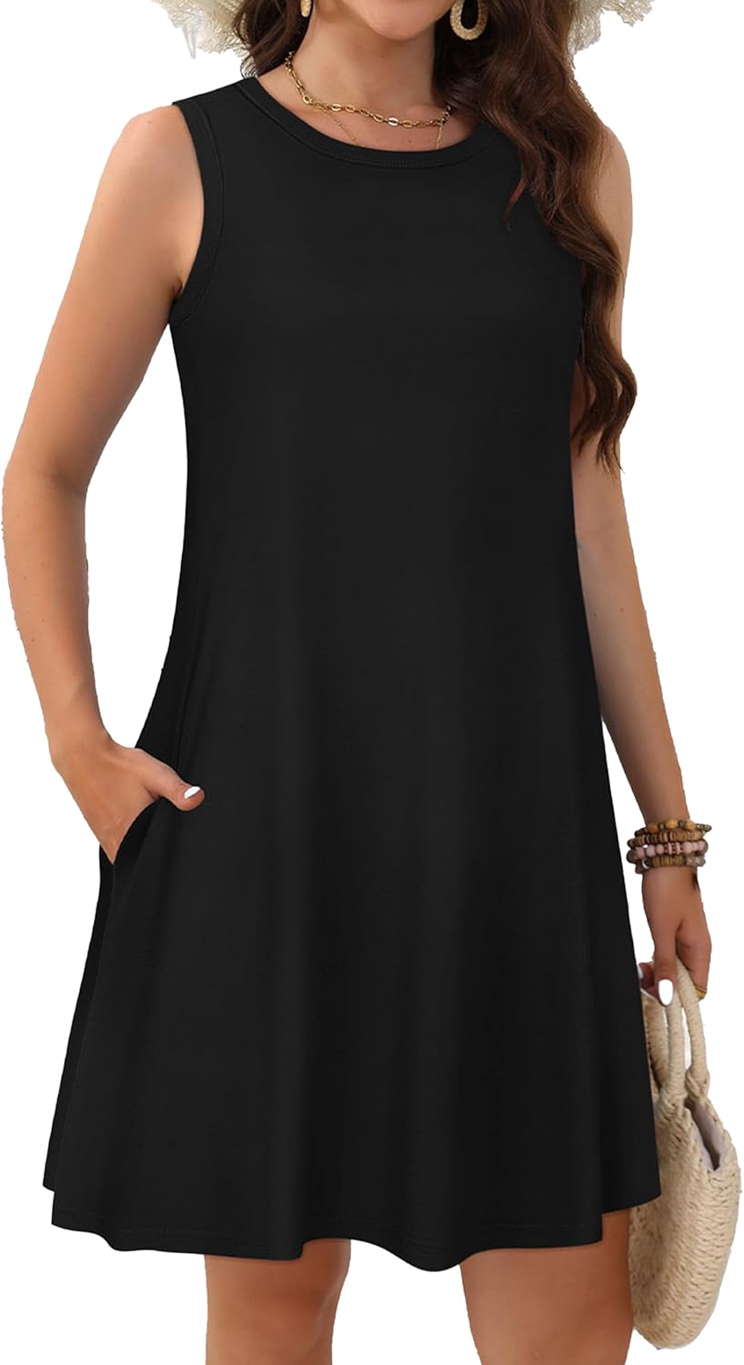 Womens Summer Dresses Casual Sleeveless Tshirt Sundress Beach Cover Up with Pockets Loose Tank Dress