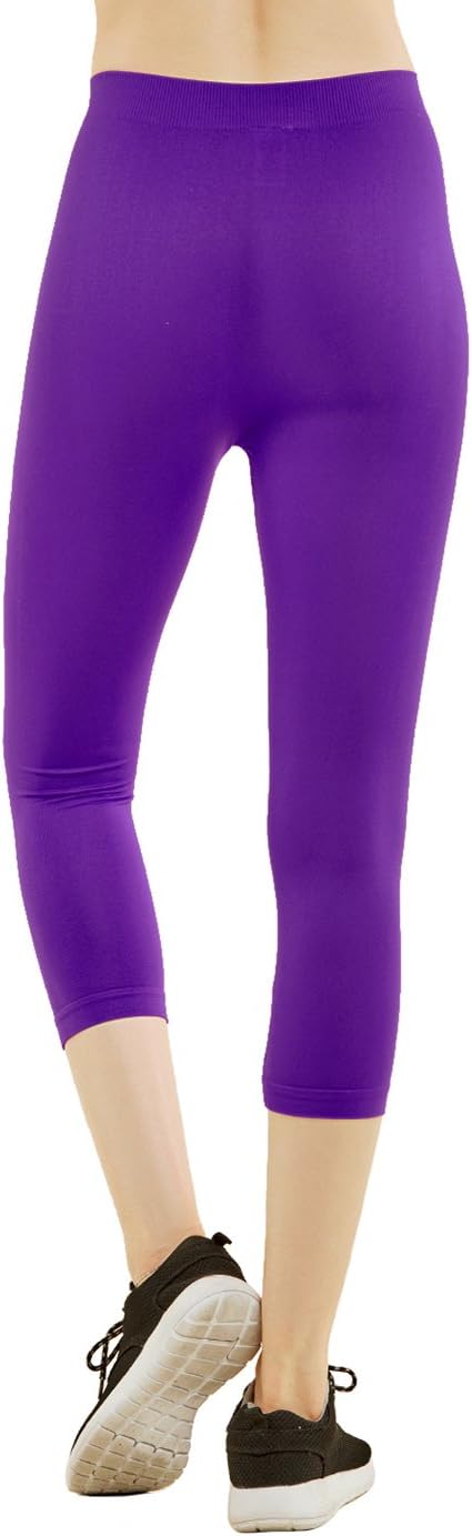 Leggings - Women's Ribbed Waistband Capri Length Plain Leggings - Purple