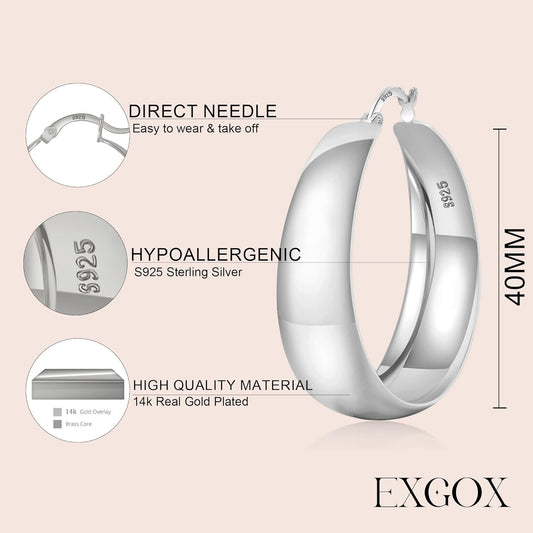 EXGOX Gold Hoop Earrings for Women Sterling Silver Post Hoops Earrings for Women Wide Thick Silver Hoop Earrings Hypoallergenic Lightweight 14k Real Gold Plated Hoop Large Earrings (25/30/40/50MM)