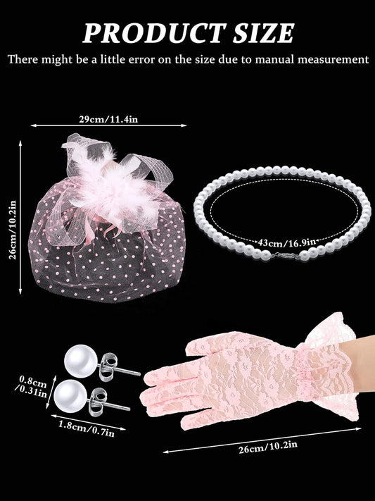 Honoson 4 Pcs Fascinators Hats Set for Women Tea Party Accessory Headpiece Veil Lace Glove Pearl Set, Wedding Halloween Xmas