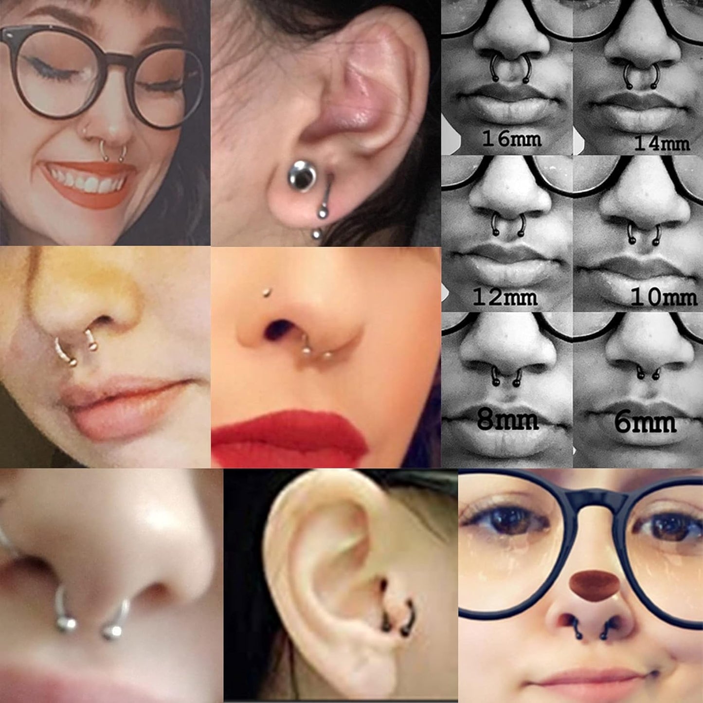 ORAZIO 12Pcs 14-16G Stainless Steel Nose Rings Septum Piercing Cartilage Horseshoe Earring Body Piercing 6MM-16MM
