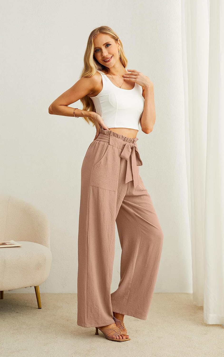 IWOLLENCE Women's Wide Leg Pants with Pockets High Waist Adjustable Knot Loose Casual Trousers Business Work Casual Pants