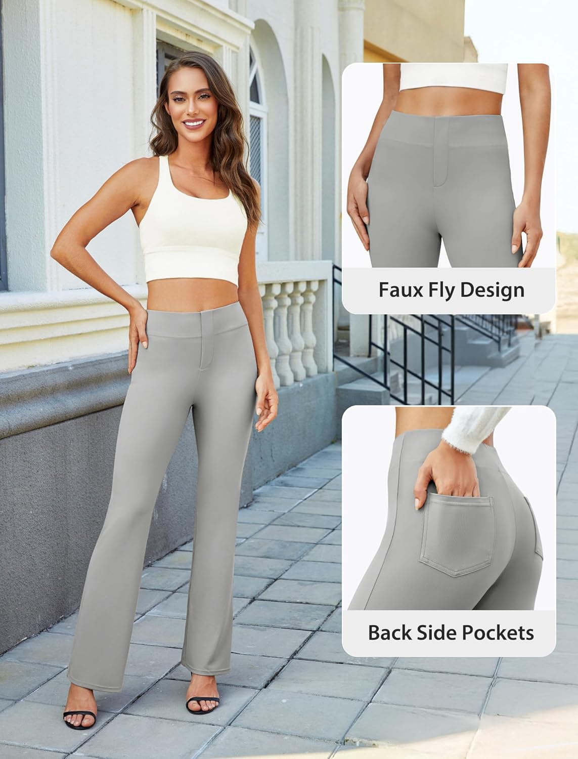Womens Bootcut Dress Pants Business Casual Work Pants with Pockets High Waist Stretchy Trousers Pull On Office Slacks Light Grey