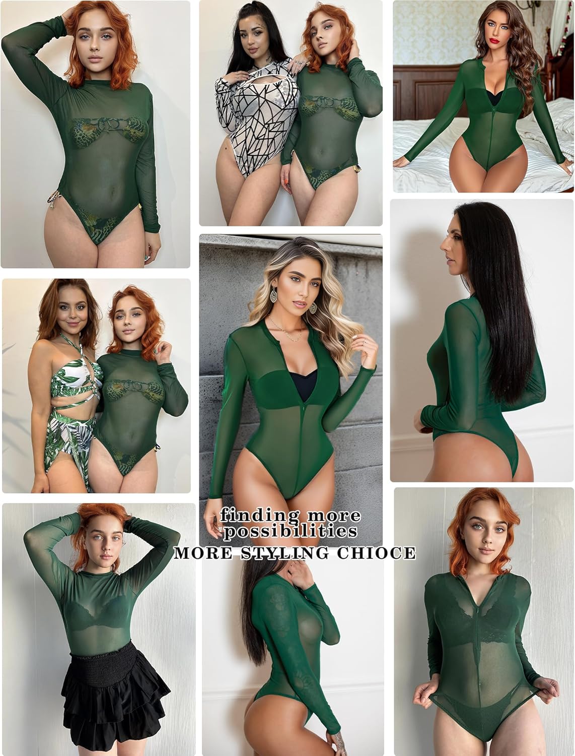 Avidlove Womens Mesh Bodysuit Long Sleeve Snap Crotch Bodysuit See Through Zipper Sheer Leotards Sexy Bodysuit Tops