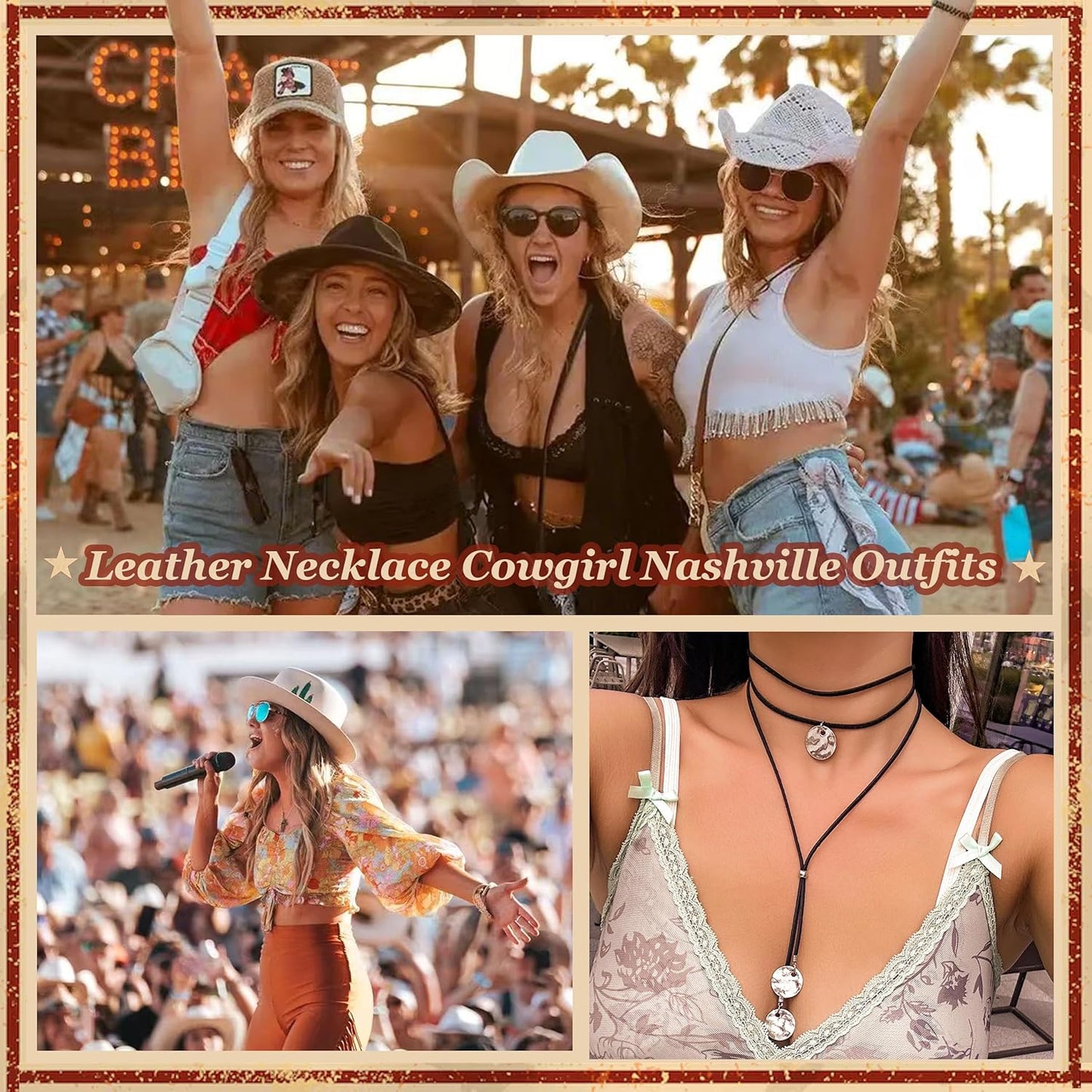 Boho Necklaces for Women Country Concert Outfits Nashville Western Outfit for Women Choker Necklaces Long Leather Necklace Western Dress Jewelry Country Cowgirl Accessories Gifts