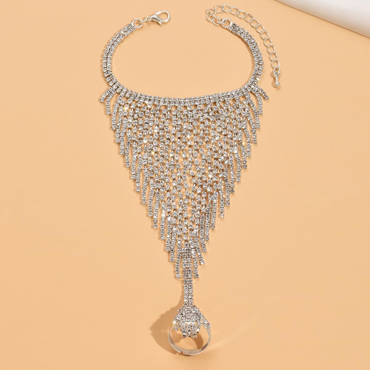 Chargances Tassle Sparkly Crystal Finger Ring Bracelet Silver Tassle Hand Chain Rhinestone Bangle Wedding Hand Harness Hand Accessories for Women (Style 2)