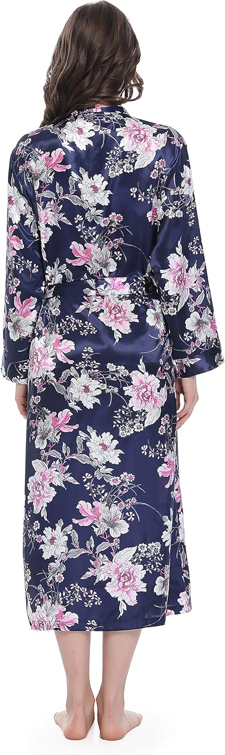 Lavenderi Women's Satin Kimono Robe - Long Classic Satin Lounge Bathrobe