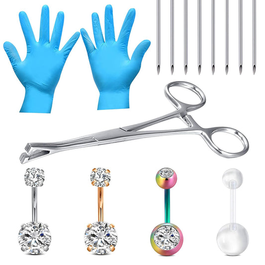 JIESIBAO 15PCS Belly Button Piercing Kit, 14G Piercing Needles and Metal Piercing forceps Set Surgical Stainless Steel Pennington Forceps Slotted for Belly Button Ring Navel Piercing