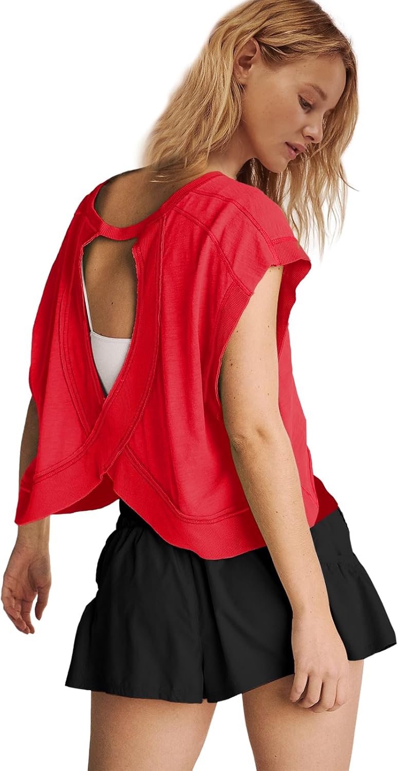Panadila Womens Open Back Workout Top Oversized Workout T Shirts Backless Athletic Shirt Short Sleeve Baby Tee