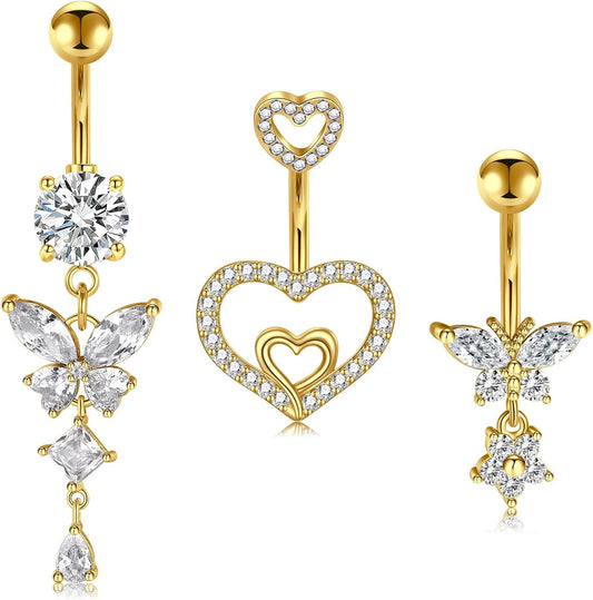 JIESIBAO 14G Belly Button Rings,316L Stainless Steel Heart CZ Navel Barbell Stud Jewelry Dangle Curved Navel Rings Heart Belly Ring Piercing for Women Men 10mm