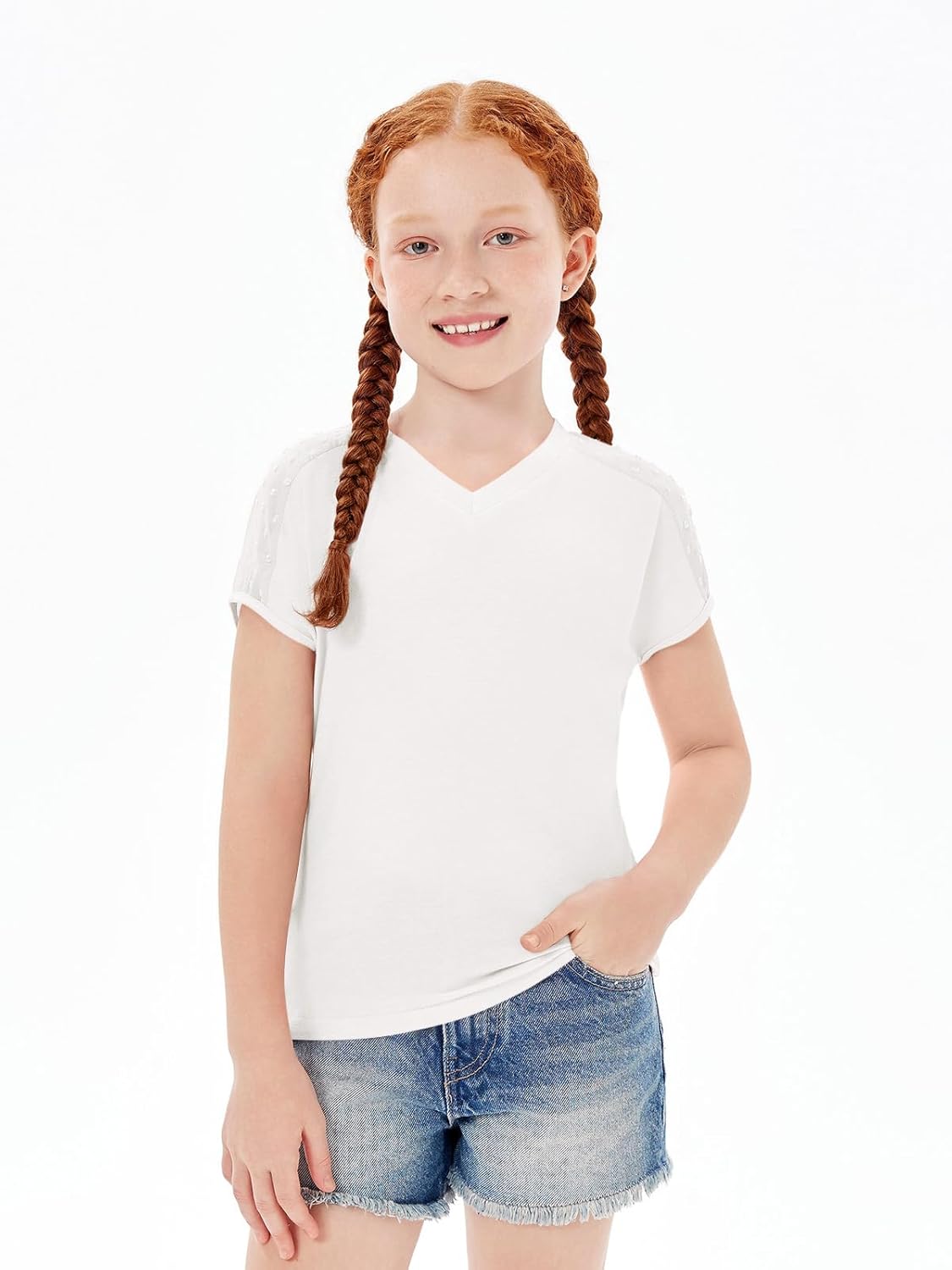 Haloumoning Girls V Neck T-Shirts Kids Summer Swiss Dot Short Sleeve Tops Cute Fashion Tees 5-14 Years
