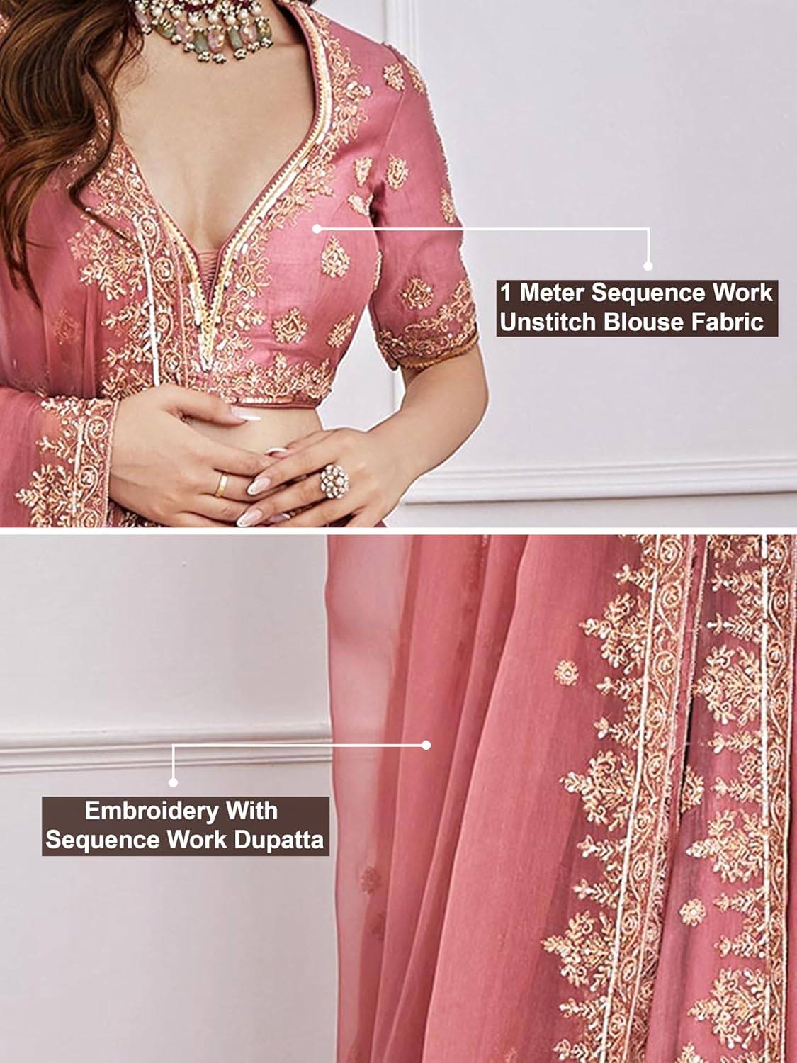 TRENDMALLS Satin Embroidery Sequence Work Lehenga Choli Unstitch Blouse with Dupatta For Women (L257-DarkPeach-FreeSize)