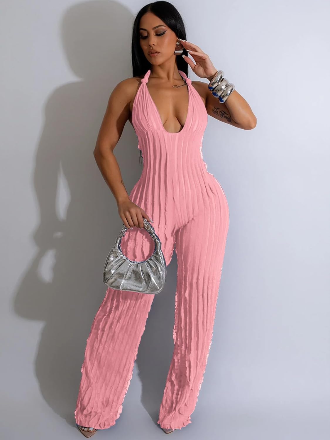 Adogirl Summer Sexy Halter Jumpsuits for Women V Neck Tie Knot Pleated Boho One Piece Wide Leg Long Pants Jumpsuit Romper