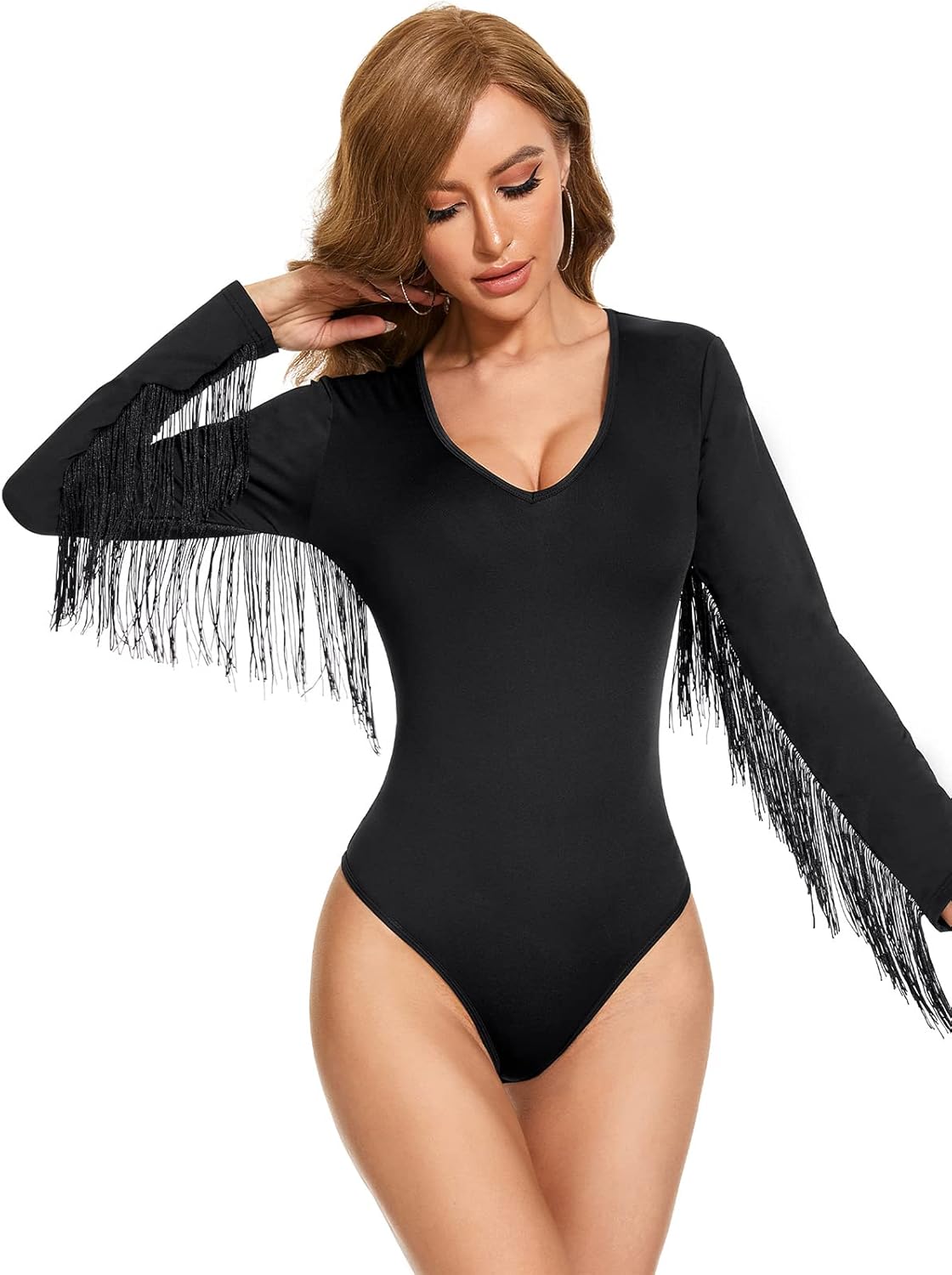 Komorebi Women's Fringe Trim V Neck Long Sleeve Bodysuit Top Cowgirl Outfits Disco Outfit Bodycon Leotard Fitted Stretchy Top
