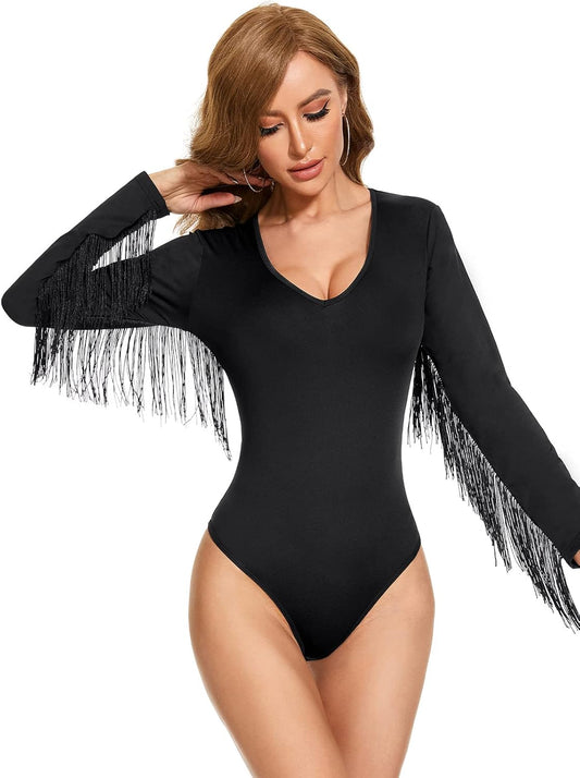 Komorebi Women's Fringe Trim V Neck Long Sleeve Bodysuit Top Cowgirl Outfits Disco Outfit Bodycon Leotard Fitted Stretchy Top