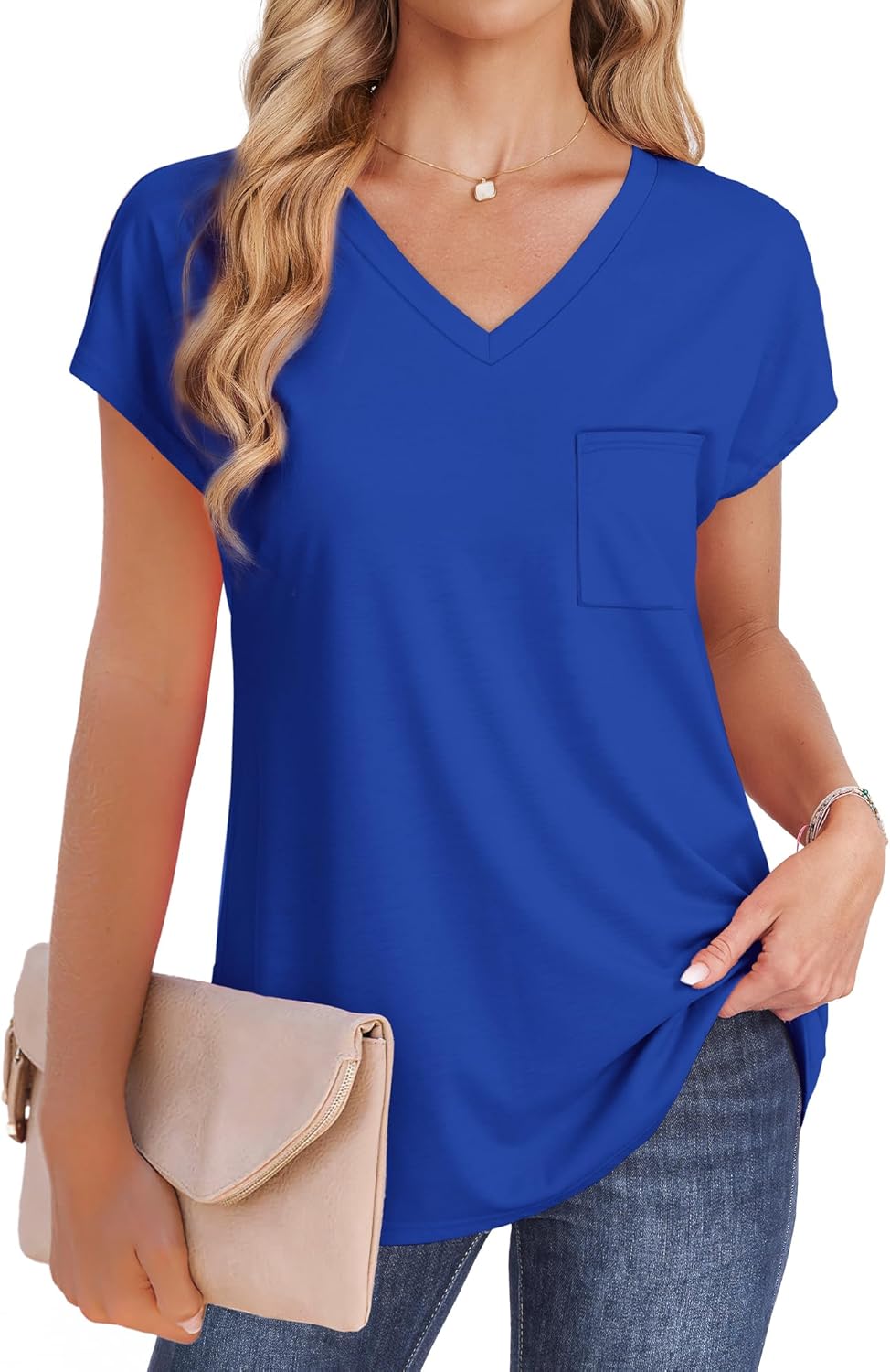 SAMPEEL Womens T Shirts V Neck Cap Short Sleeve Summer Tops Trendy 2025 Loose Casual Tshirts with Pocket