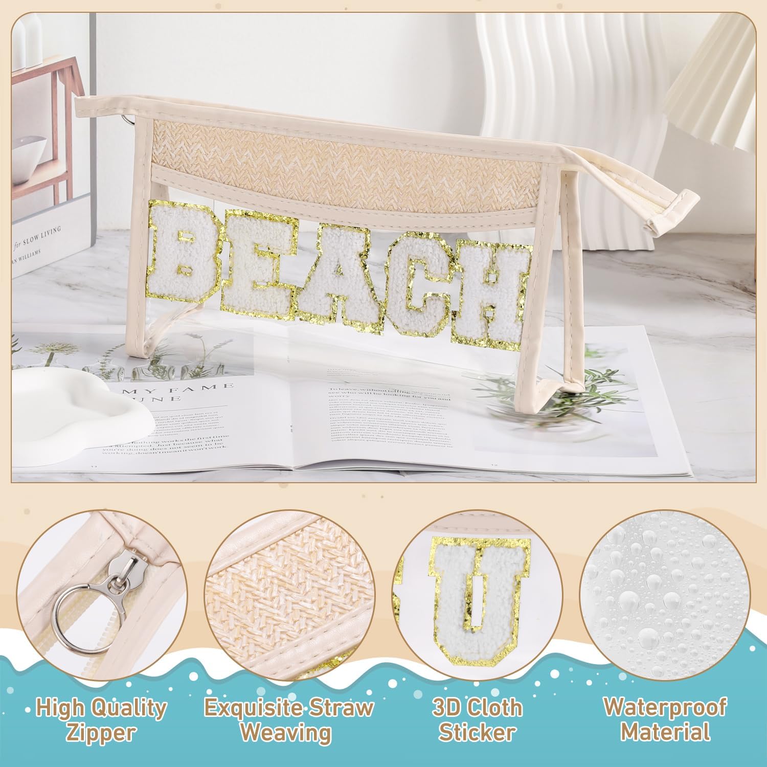 Etercycle Boho Patch BEACH Makeup Bag, Clear PVC Travel Toiletry Bag Waterproof Beach Bags for Women, Small Chenille Letter Bag With Zipper for Beach Travel Essentials