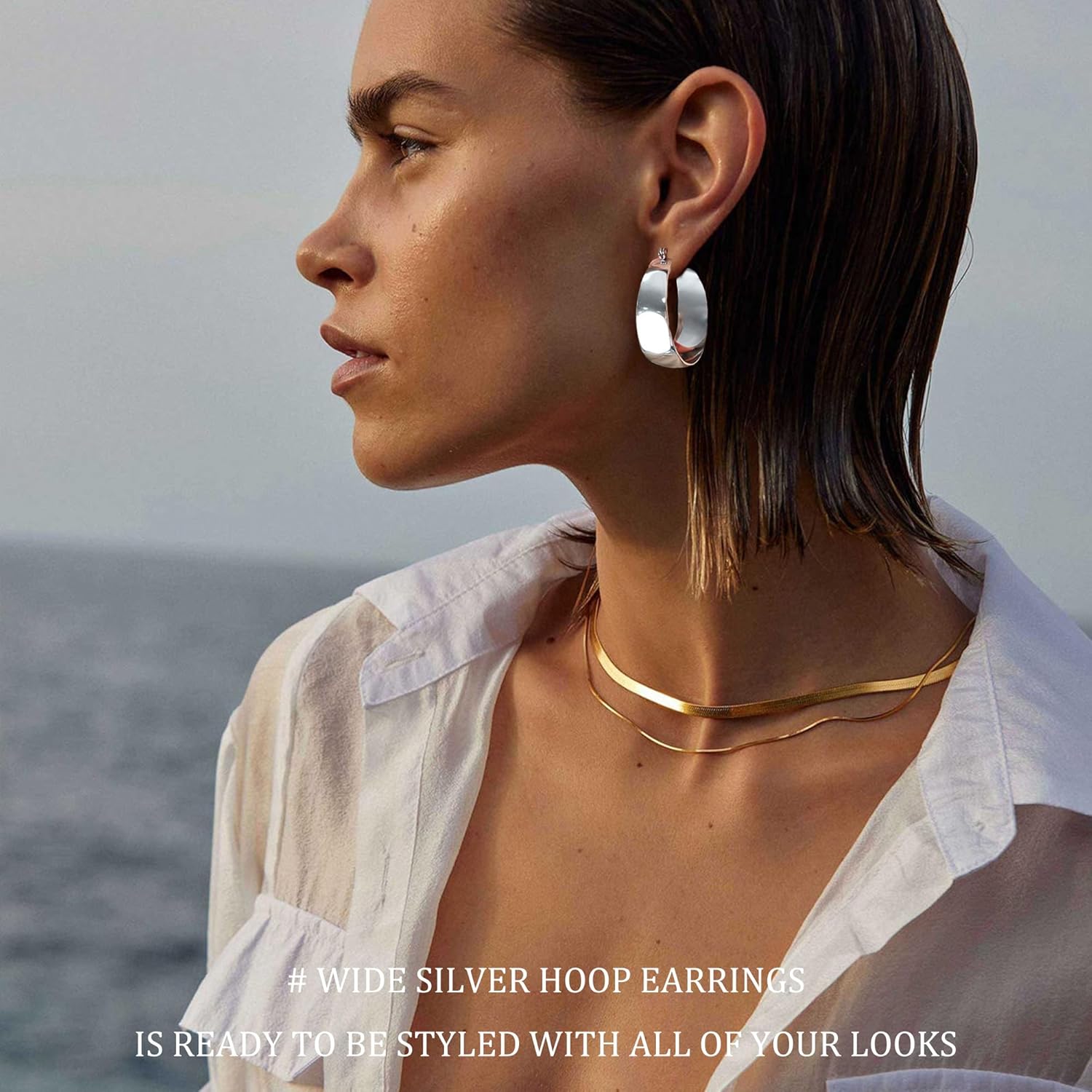 EXGOX Gold Hoop Earrings for Women Sterling Silver Post Hoops Earrings for Women Wide Thick Silver Hoop Earrings Hypoallergenic Lightweight 14k Real Gold Plated Hoop Large Earrings (25/30/40/50MM)