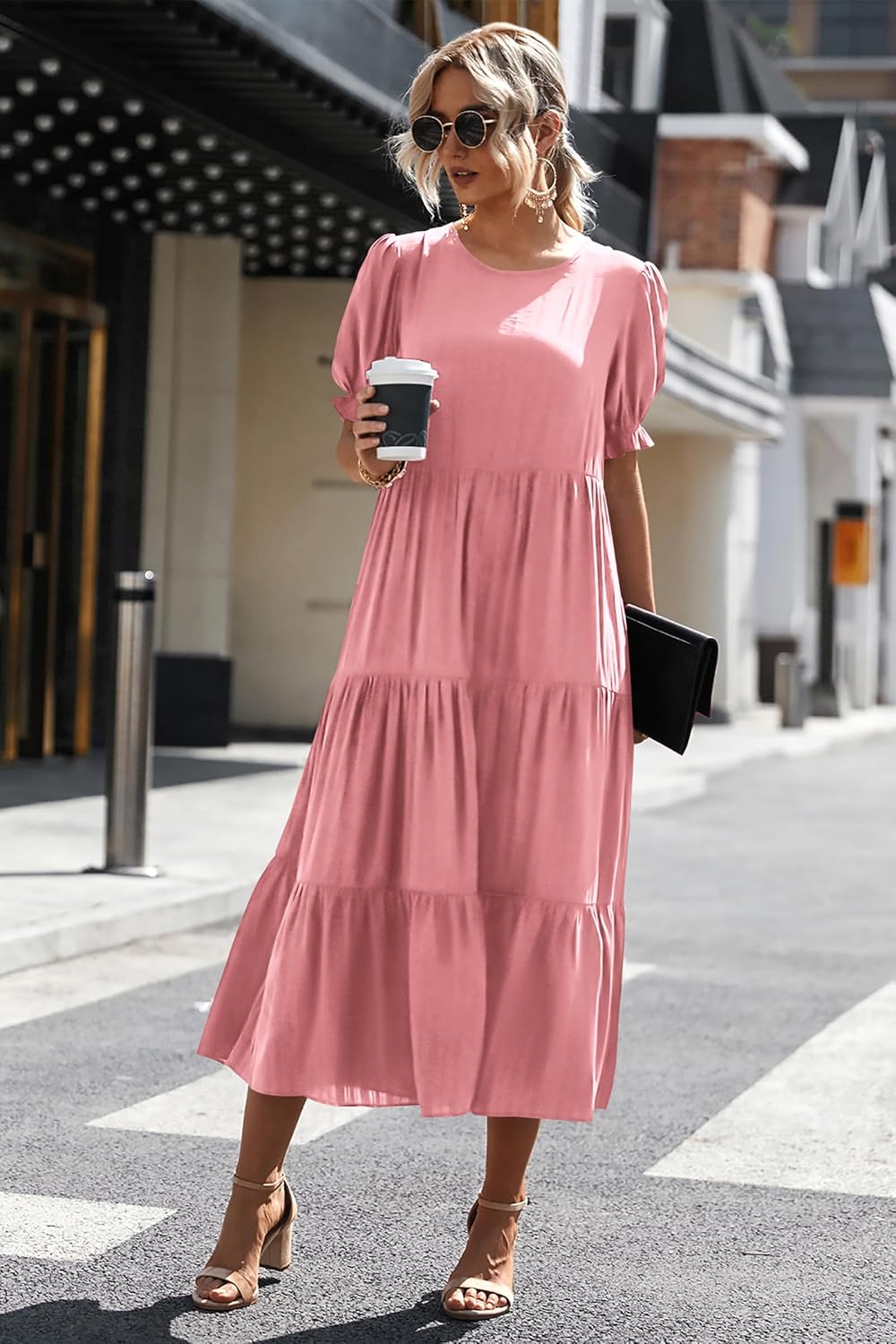 PRETTYGARDEN Summer Dresses for Women 2025 Casual Floral Boho Midi Sun Dress Puff Short Sleeve Flowy Beach Vacation Sundress