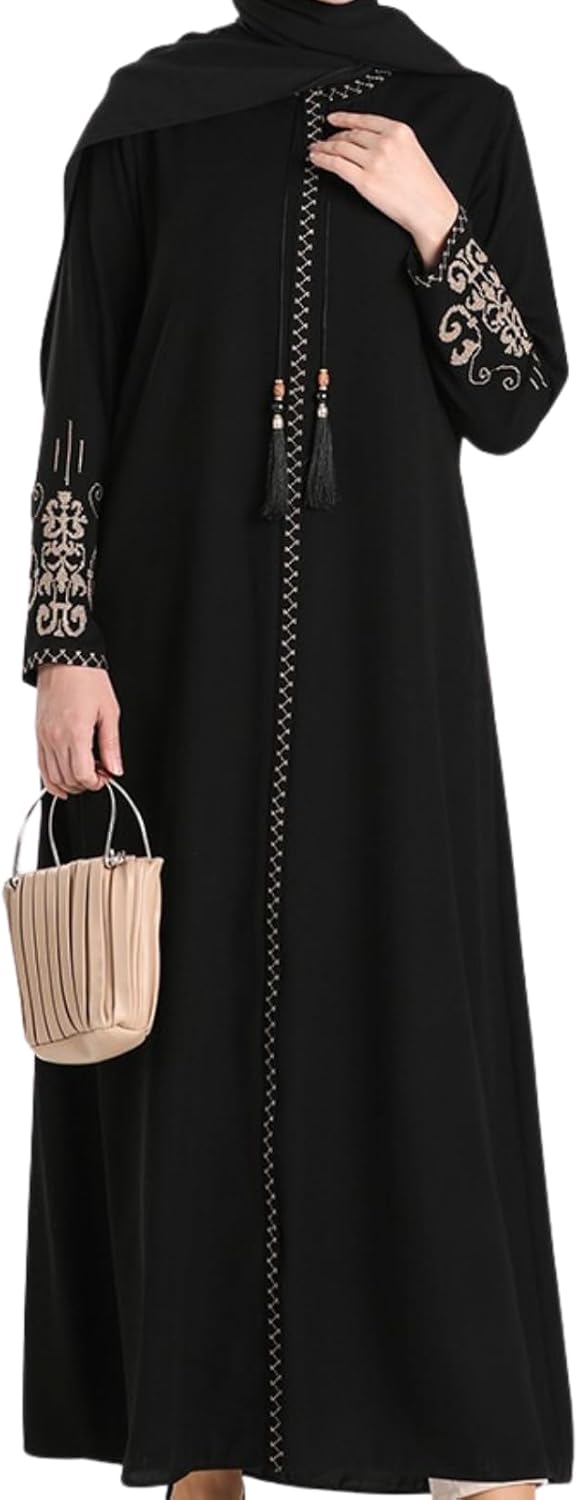 Women's Embroidered Sleeves Abaya and Embroidered On The Side of The Zipper Long Sleeve Floor Length Turkish Fashion