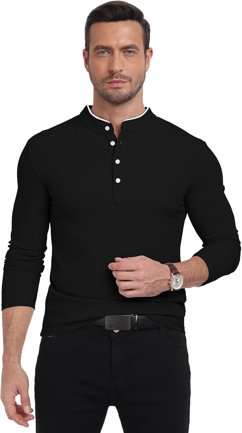 KUYIGO Men's Long Sleeve Slim Fit Mandarin Polo Shirts Waffle Button Fashion Casual Tops T-Shirt