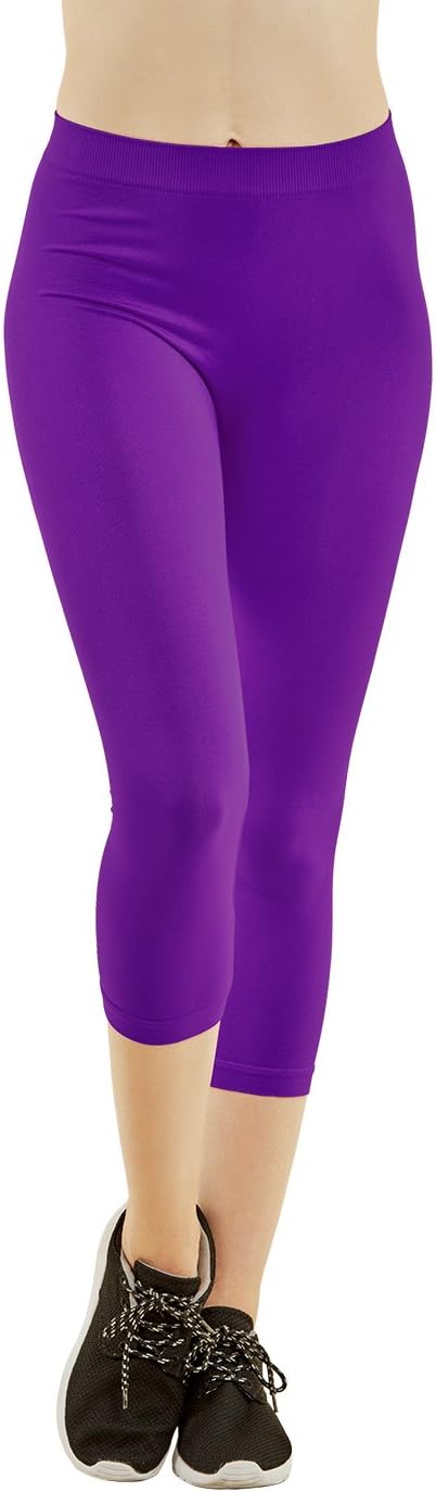 Leggings - Women's Ribbed Waistband Capri Length Plain Leggings - Purple